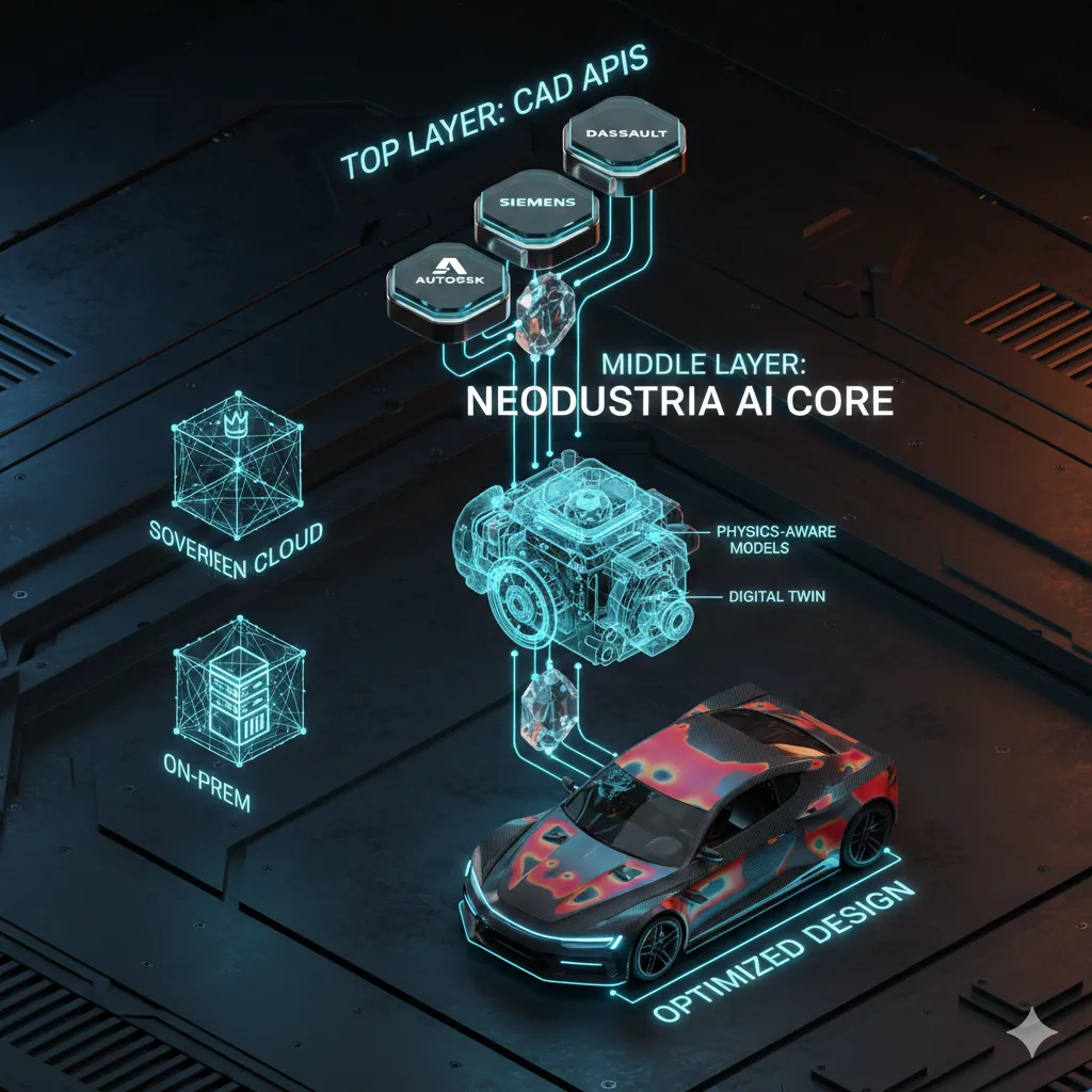 Deployment architecture: CAD APIs to Neodustria Intelligence Core to optimized design